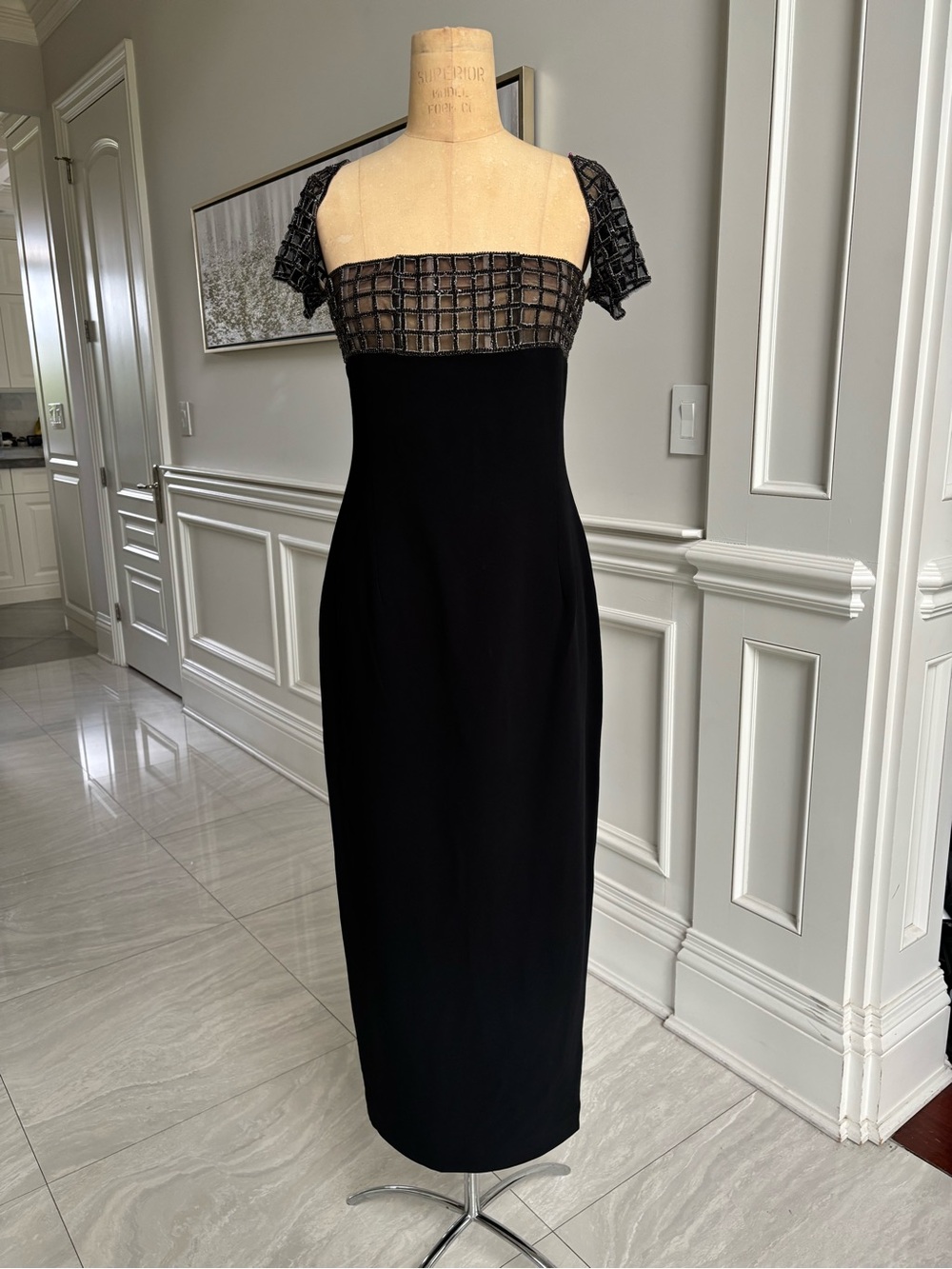 Oscar DeLaRenta Black Square- beaded Detail Midi Dress NWOT